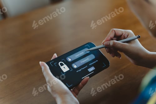 Preview: Username and password for login on the smartphone screen, cybersecurity concept.
