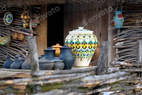 Preview: clay dishes tableware cooking pots,jars,souvenirs at artisan market.pottery craft ceramic.handmade