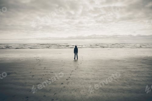 Preview: Teenage boy standing on vast beach, waves and overcast sky in distance