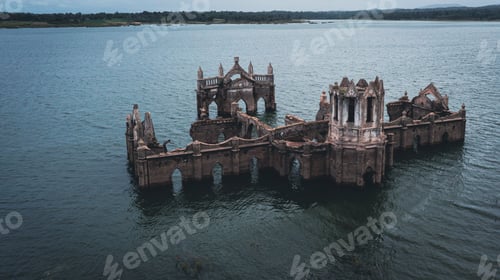 Preview: View of ruins of Shettihalli Rosary Church, Hassan, Karnataka India underwater due to heavy rainfall