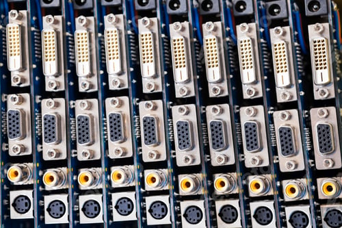 Preview: Close-up blurry metal sockets on a computer video board