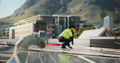 Preview: Solar panels, rooftop and install with man in city for photovoltaic grid, technician and engineer.