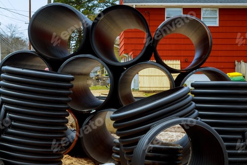 Preview: Preparation for installation plastic pipes for the stacked black plastic industrial tubes sewage