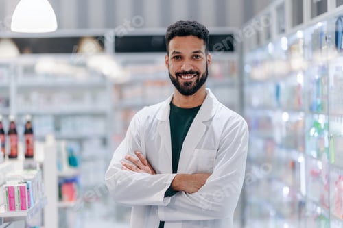 Preview: Portrait of young multiracial pharmacist looking at camera, standing in a pharmacy shop.