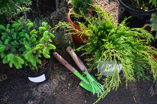Preview: Coniferous plants in pots with a closed root for planting on your garden plot from the nursery. Gard