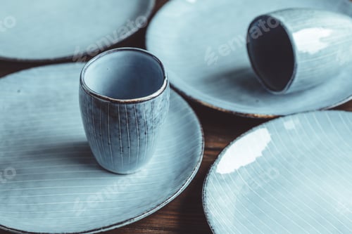 Preview: Handmade blue set of ceramic tableware. Espresso cups and plates.