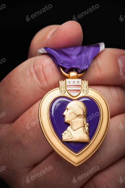 Preview: Male Hand Holding the Armed Forces Purple Heart Metal