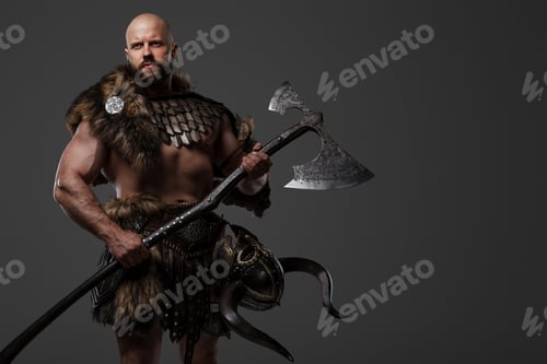 Preview: Viking man in a beard and bald head against a gray background