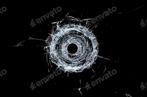 Preview: Broken glass single bullet hole in glass isolated on black