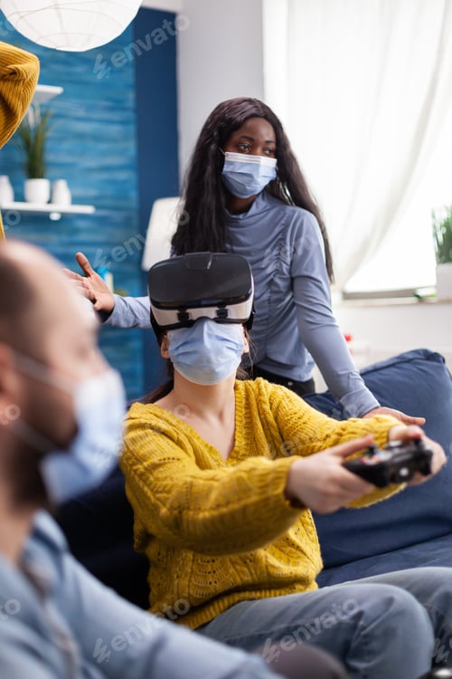 Preview: Woman playing video games experiencing virtual reality