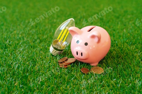 Preview: Piggy bank with energy saving lamp on grass
