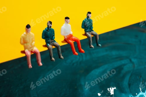 Preview: Toy people sitting on yellow background near water