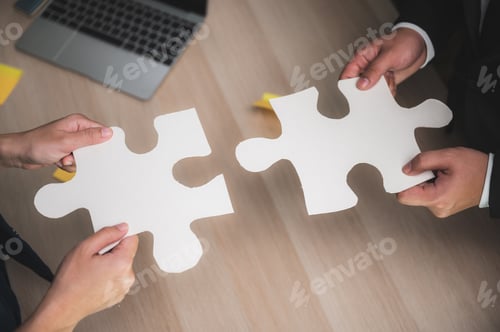 Preview: Group of business people assembling jigsaw puzzle and represent team support and help concept