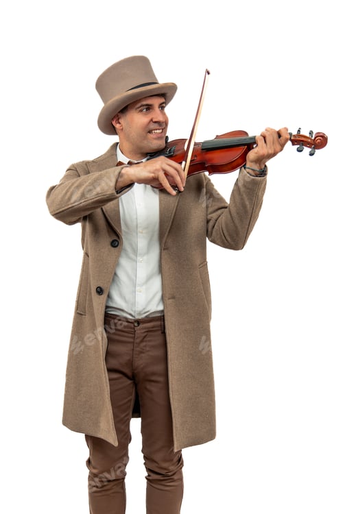 Preview: vertical Vintage Man in Bowler Hat and Trench Coat Playing the Violin white background