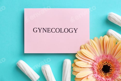 Preview: Card with word GYNECOLOGY, tampons and flower on color background, top view
