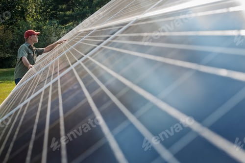 Preview: A man inspecting the surface of a large tilted solar panel.