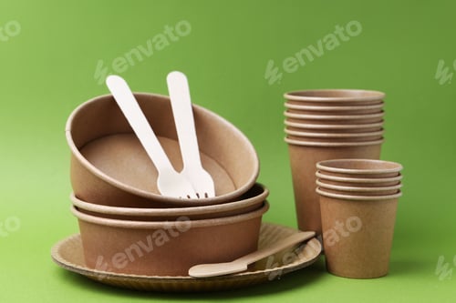 Preview: Set of disposable tableware on green background, closeup