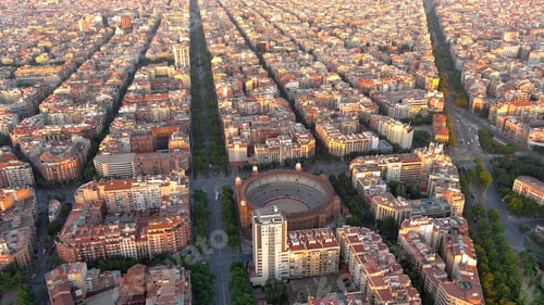 Preview: Aerial view of Barcelona Urban Skyline and Plaza de Toros Monumental de Barcelona (bullring)