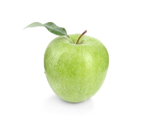 Preview: Fresh ripe green apple with water drops and leaf on white background