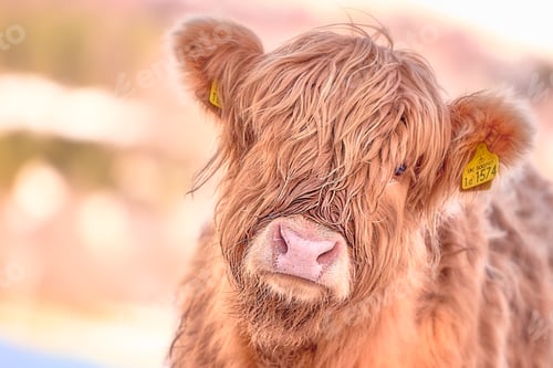 Preview: Closeup of a young Highland cow with a yellow tag on its ear.