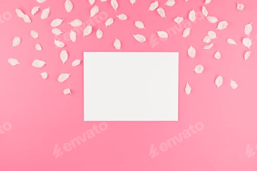 Preview: Flat lay of white postcard mock up with petals