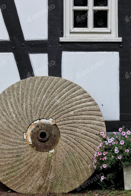 Preview: Closeup shot of a decorative millstone and a flower in a pot decorating the garden