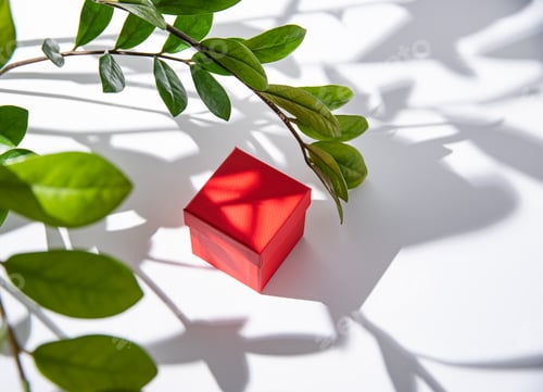 Preview: red gift box on white table under spring flowers with morning shadow. Top view and copy space