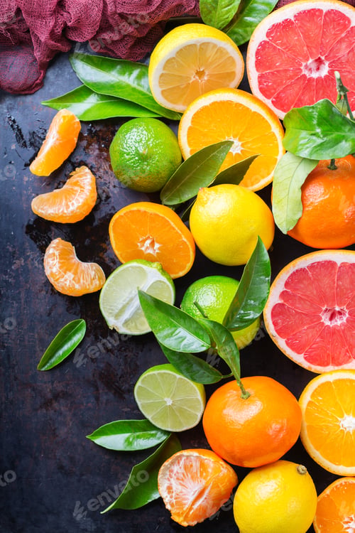 Preview: Citrus fruits background. Orange, grapefruit, tangerine, lime, lemon vitamin