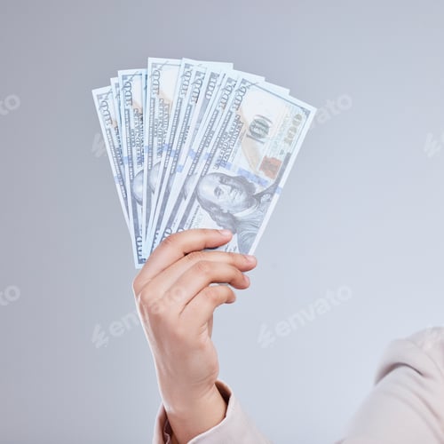 Preview: Money, hand and woman in studio with savings, success or cashback, reward and bonus on grey backgro