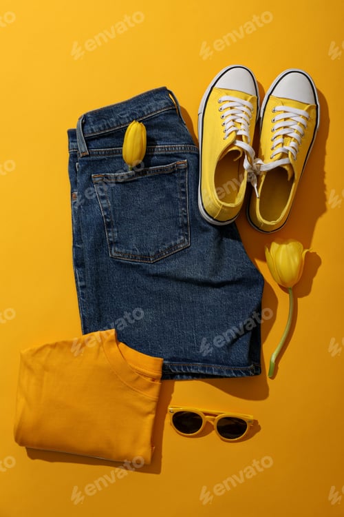 Preview: Female spring outfit and flowers on yellow background, top view