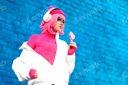 Preview: a girl with pink hair stands on a blue background. in her hands she holds a pink ice cream