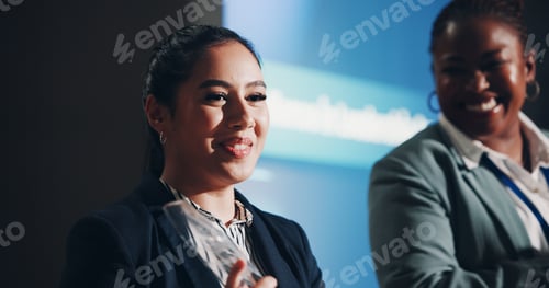 Preview: Woman, speaker and introduction at convention, stage or discussion with seminar event for gender eq