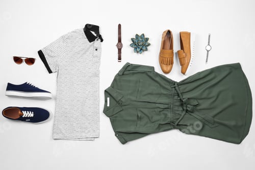 Preview: Set of stylish clothes and accessories on white background, flat lay