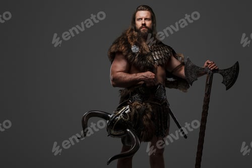 Preview: A fierce bearded Viking warrior in fur and light armor