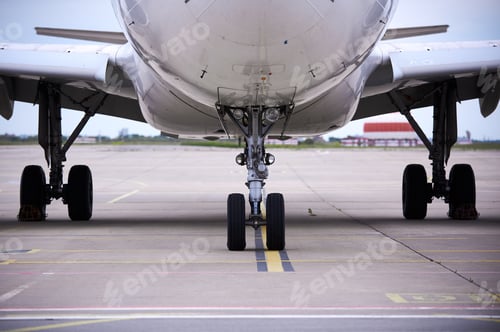 Preview: Front landing gear of big passenger aircraft closeup high detailed view.