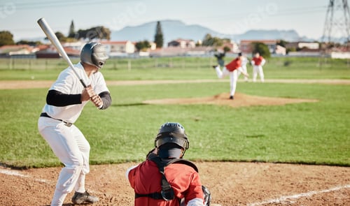 Preview: Baseball, bat and mock up with a sports man outdoor, playing a competitive game during summer. Fitn