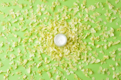 Preview: Jar of cosmetic cream with flowers on green background. Flat lay