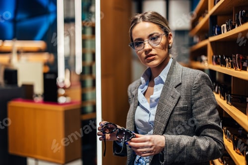 Preview: Serious girl, looking at the camera, while searching for the new glasses around the store.