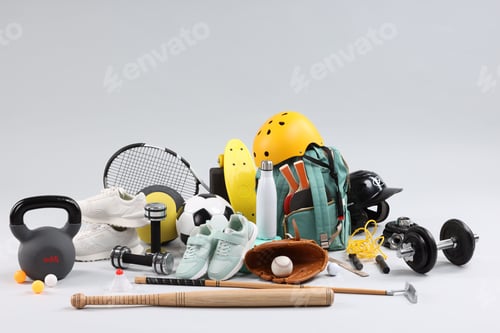 Preview: Many different sports equipment on light grey background