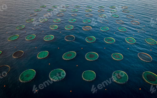 Preview: Aerial top view of the rings of seabass and gilthead seabream fish farm. Mediterranean sea Cyprus