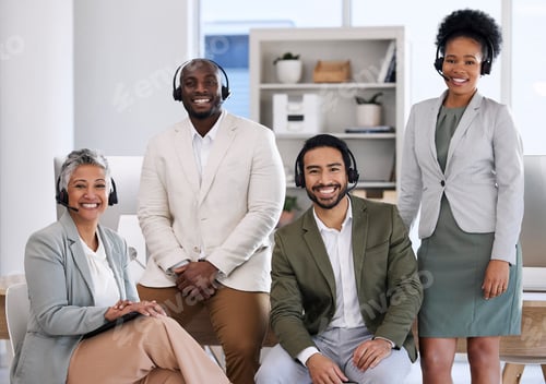 Preview: Teamwork, smile and call center with portrait of people in office for customer support, contact us
