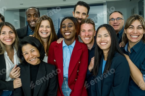 Preview: Group of cheerful diverse colleagues in office