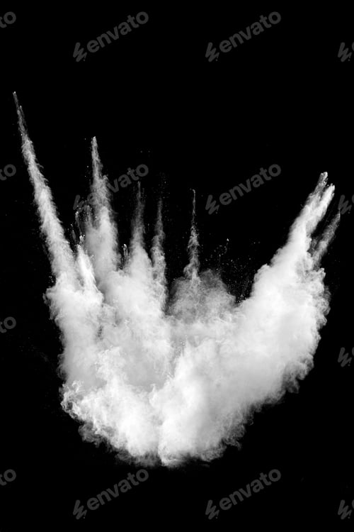 Preview: White powder explosion cloud against black background.White dust particles splash.