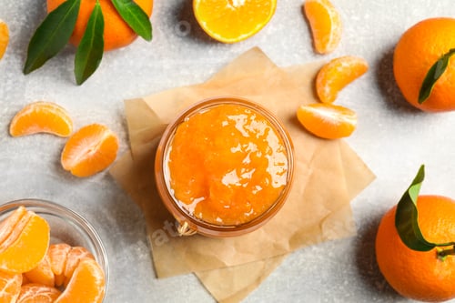 Preview: Flat lay composition with delicious tangerine jam on light grey table