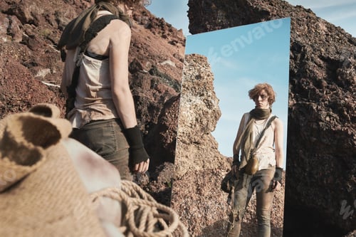 Preview: Woman looking at herself through the mirror
