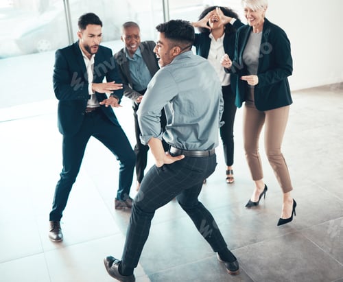 Preview: Full length shot of a diverse group of businesspeople dancing in the office