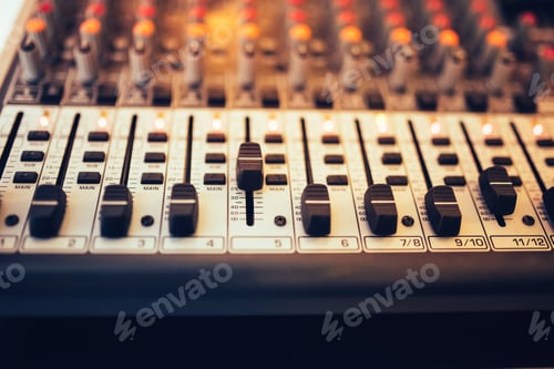 Preview: Detail of a music mixer in studio, dj working for new tracks. Music production with editing tools