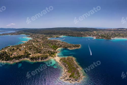 Preview: Panoramic aerial view of the stunning coastline of Sithonia, Diaporos island, Greece, with turquoise