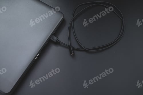Preview: Top view of a laptop with a charging cable isolated on a black background