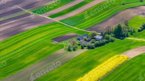 Preview: Colorful countryside and farmlands in Ponidzie region of Poland. Aerial drone view